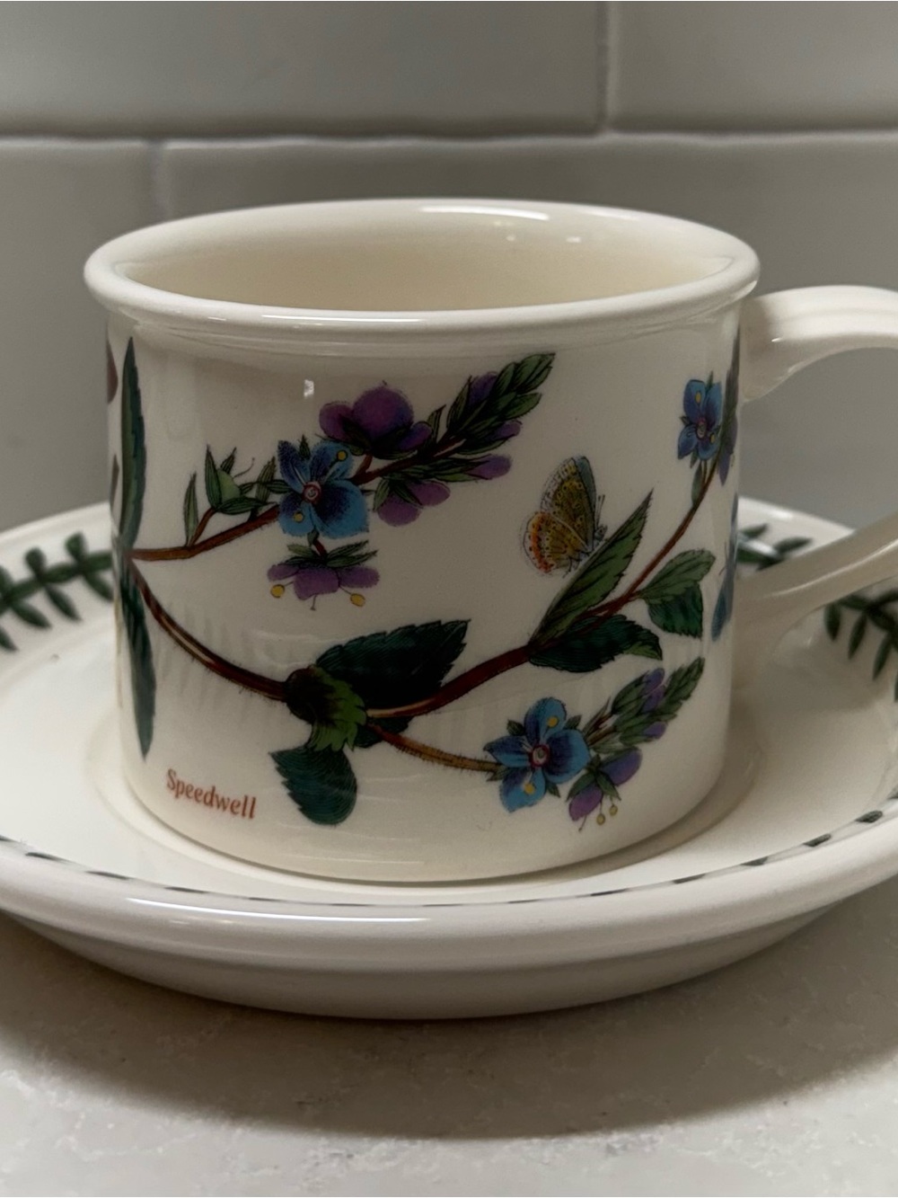 Portmeirion Speedwell Floral Porcelain Teacup in White with Blue & Green Accents